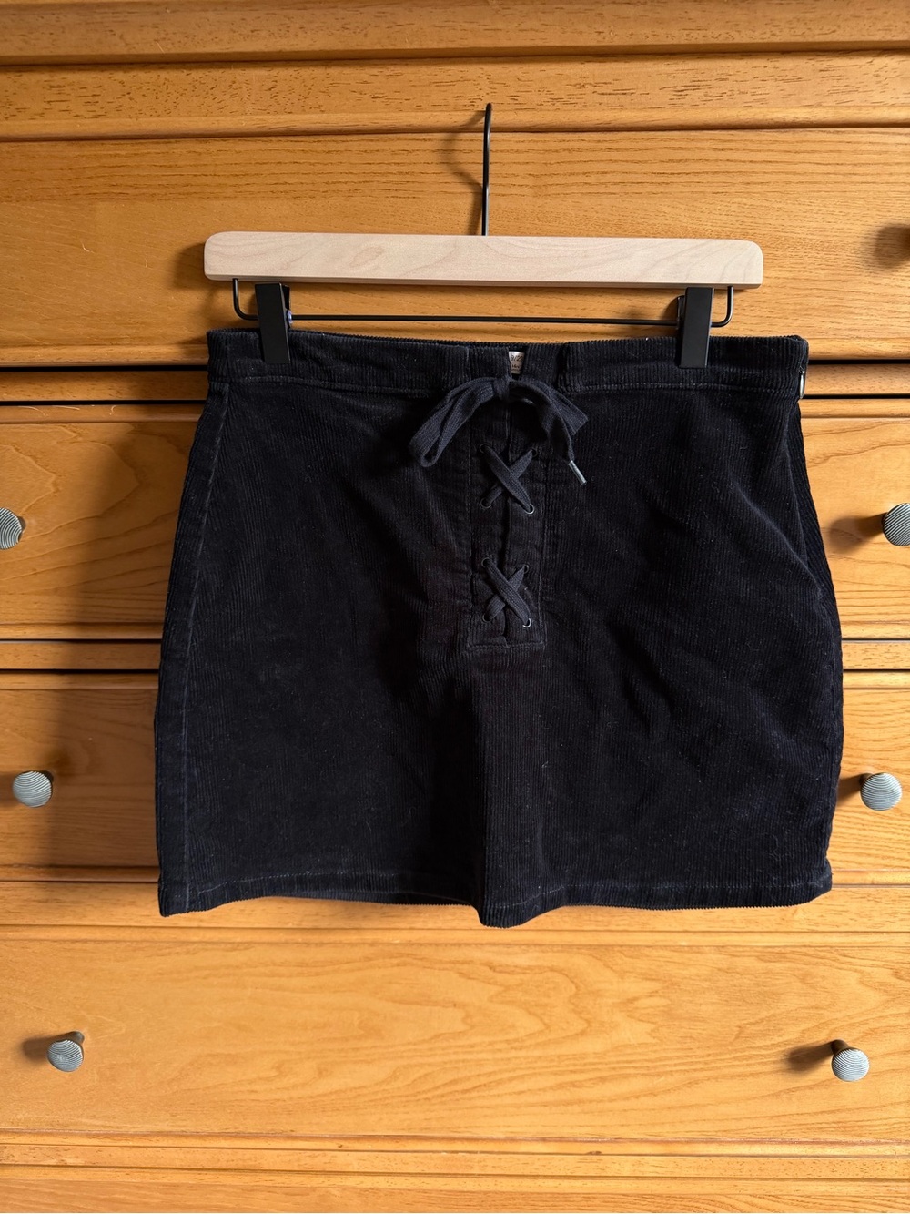 Womens Black Courdroy Lace Up Mini Skirt Size 9/29W Grunge Alt Rock Indie Sleaze
